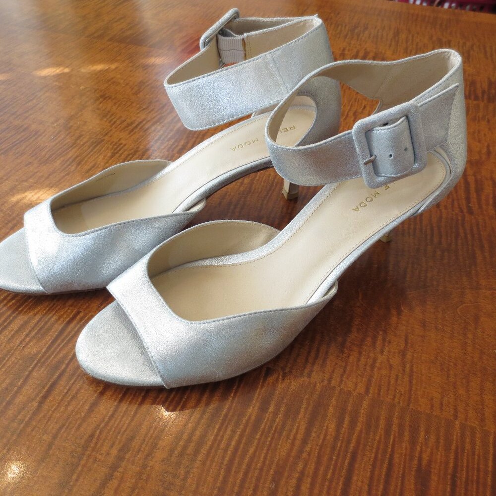 Pelle Moda Silver Open-Toe Ankle Strap Heels